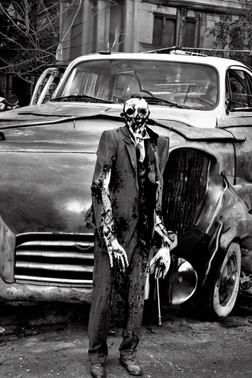 Prompt: A zombie gentleman with a cane stands in the picture near a retro car