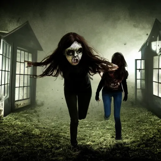 Prompt: dark haunted house with terrified woman pursued by headless zombies