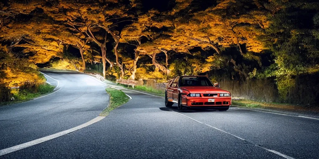 Image similar to Beautiful Photograph of Nissan Skyline R33 on a road in Japanese countryside, Night
