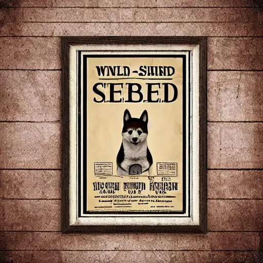 Image similar to shiba inu wanted poster old timey wild west, sepia photo curling paper