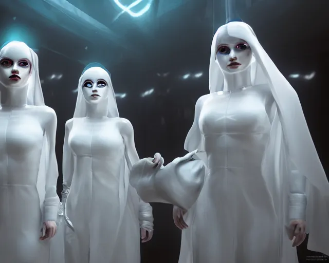 Prompt: a film still of three synthetic female human oracles wrapped in white cloth, face markings, beautiful, neotokyo, cinematic lighting, high resolution, 4 k