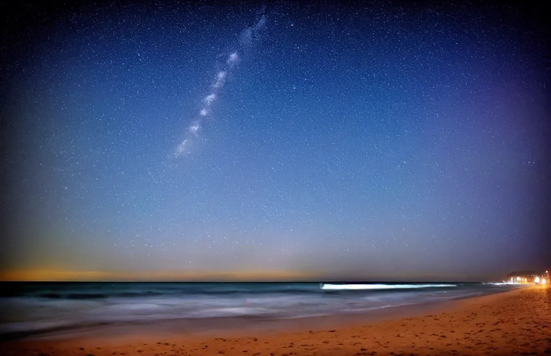 Prompt: beautiful starry sky, beach, at night