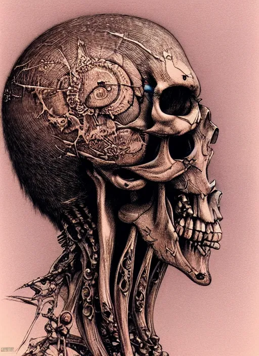 Image similar to a side view of skull with punk mohawk, highly detailed, art by Ayami Kojima, Beksinski, Giger