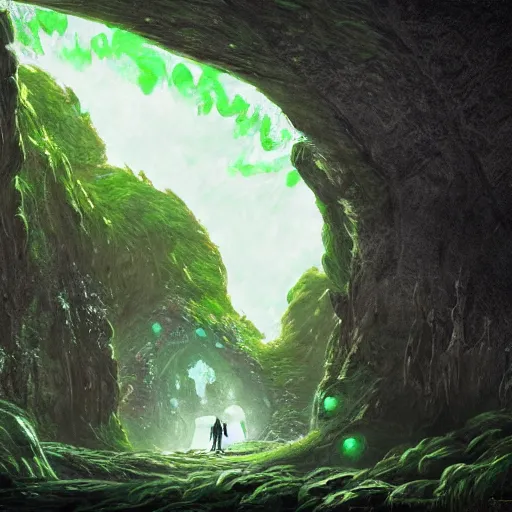 Image similar to a scary portal glowing green portal to another world in darwin's arch in the galapagos islands, elden ring landscape, d & d, fantasy, intricate, elegant, highly detailed, digital painting, artstation, concept art, matte, sharp focus, illustration, art by hayao miyazaki