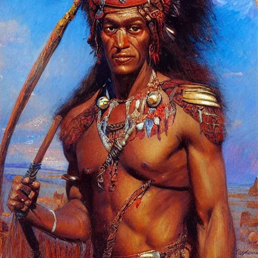 Image similar to Shaka Zulu painted by gaston bussiere