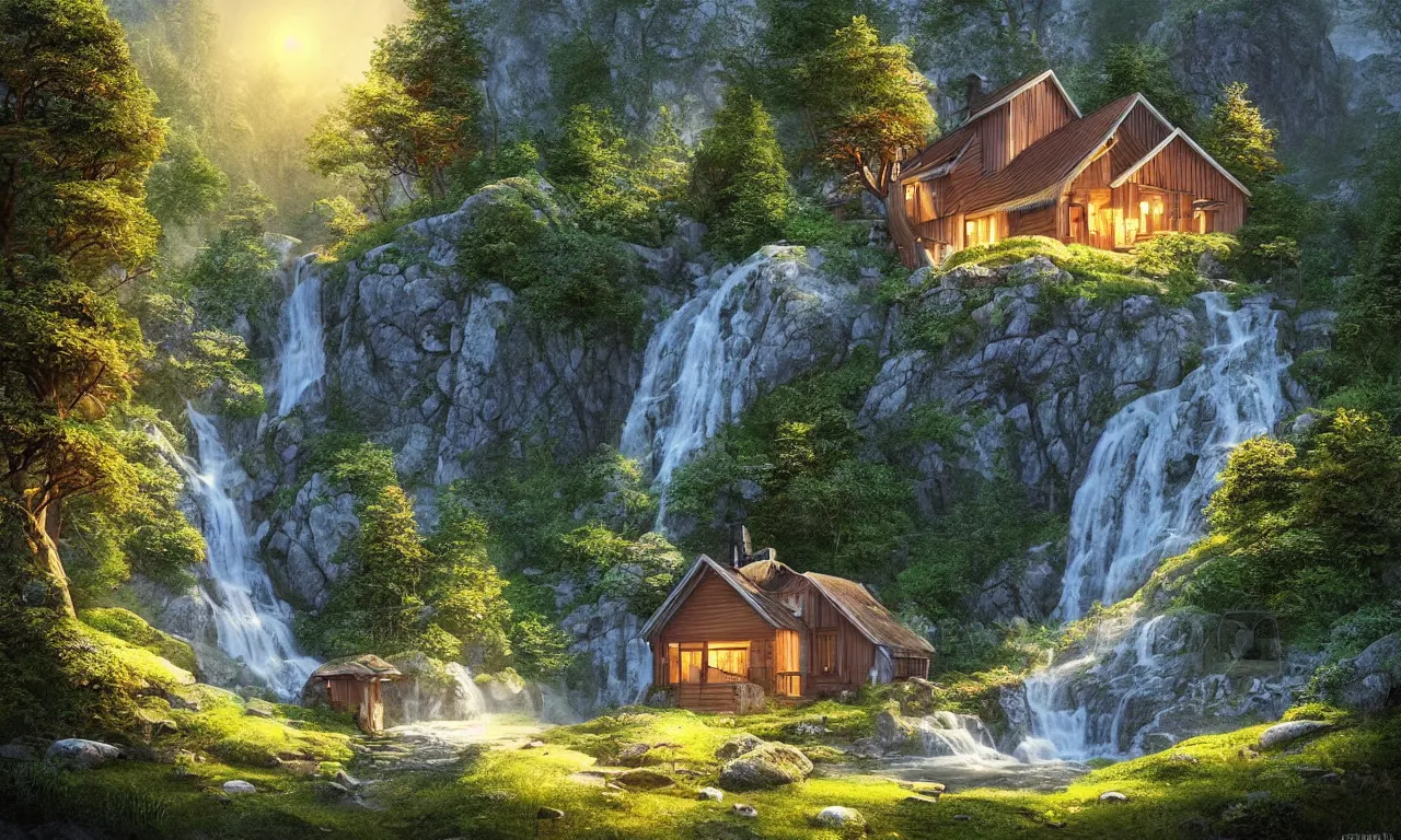 Image similar to scandinavian house in the forest on a hill, a waterfall flows down from the mountain in the background, vector art, fabulous, global illumination, warm lighting, by jordan grimmer