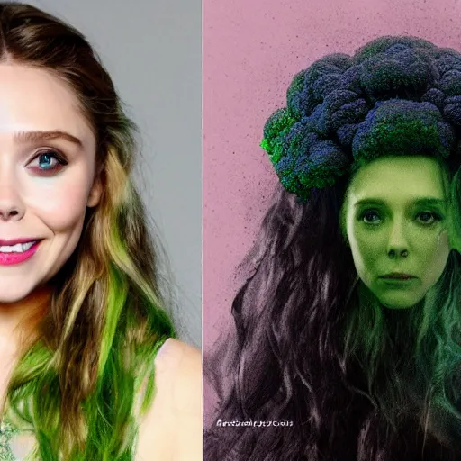 Image similar to elizabeth olsen with broccoli hair, trending on artstation, 4 k quality, intricate