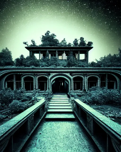 Image similar to a beautiful hyperdetailed rendering of pathway urbex city unfinished building building abandoned nature by louis sullivan, galactic hyperrealism myst at night reclaimed by nature magic realism darkacademia tokyo thermal imaging infrared sea, archdaily, wallpaper, highly detailed, trending on artstation.