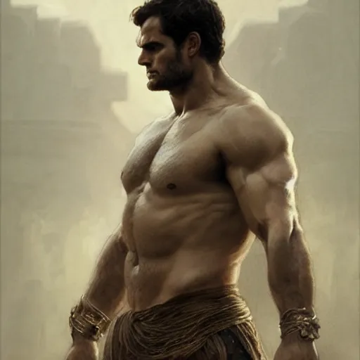 Image similar to henry cavill as a greek gladiator, gorgeous, amazing, muscular, intricate, highly detailed, digital painting, artstation, concept art, sharp focus, illustration, art by greg rutkowski and alphonse mucha