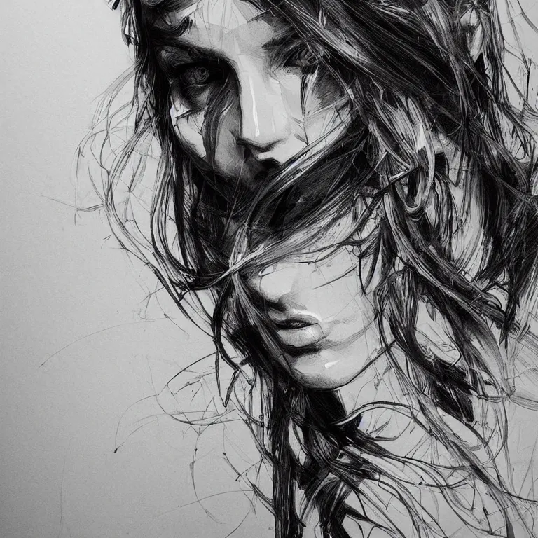 Prompt: beautiful pencil sketch portrait by hopare, masterpiece, high contrast black and white, sharp, intricate, highly detailed, artstation