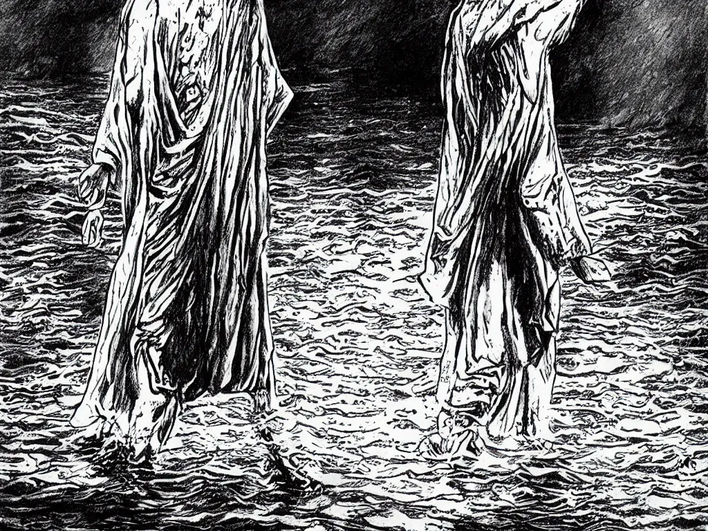 Image similar to jesus walking on water, drawing by alan moore,