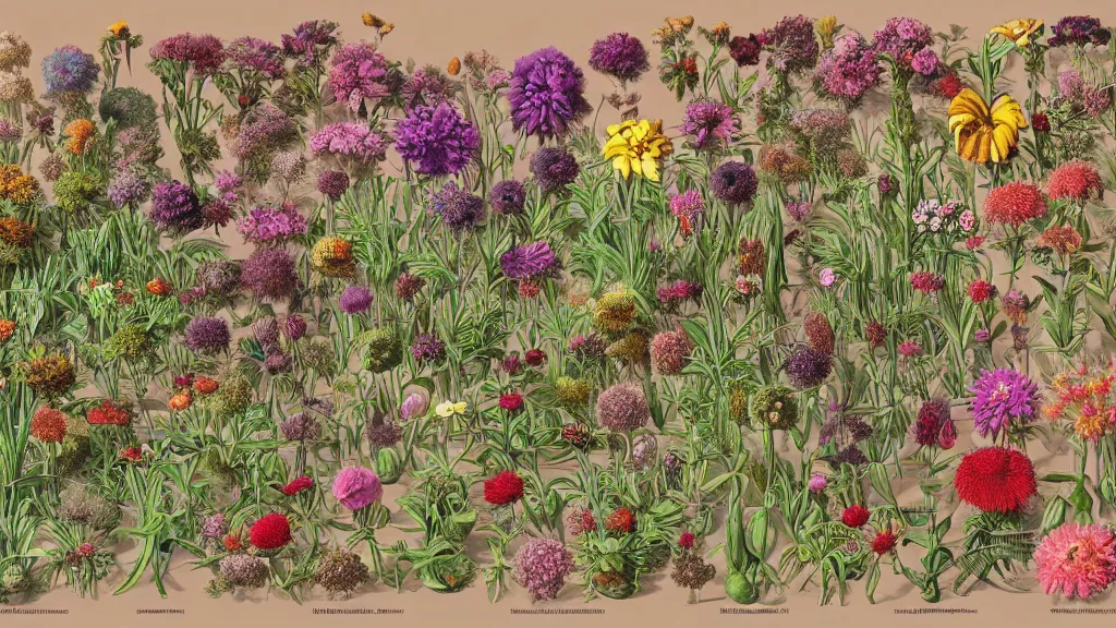 Image similar to highly detailed render of all the known species of plants and flowers by juan gatti, by moebius!, by oliver vernon