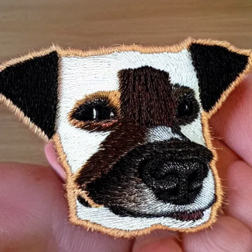 Prompt: a tiny beautiful handmade embroidery of a cute long haired jack russell terrier puppy, white with brown spots and patches over both eyes. hand embroidery.