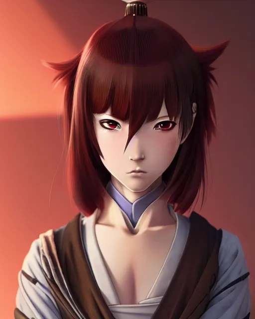 Image similar to Anime as Samurai girl cute-fine-face, brown-red-hair pretty face, realistic shaded Perfect face, fine details. Anime. Samurai armour realistic shaded lighting by Ilya Kuvshinov katsuhiro otomo ghost-in-the-shell, magali villeneuve, artgerm, rutkowski, WLOP Jeremy Lipkin and Giuseppe Dangelico Pino and Michael Garmash and Rob Rey