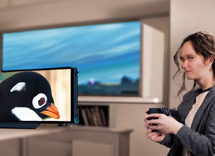 Image similar to photo still of a penguin playing a nintendo switch, 8 k, studio lighting bright ambient lighting key light, 8 5 mm f 1. 8