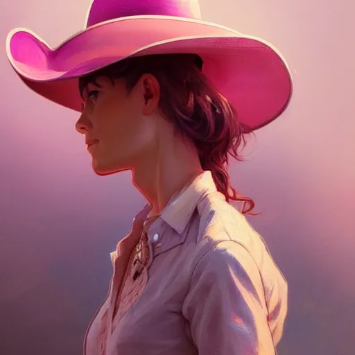 Image similar to Pink cowboy hat, highly detailed, digital painting, artstation, concept art, smooth, sharp focus, illustration, art by artgerm and greg rutkowski and alphonse mucha