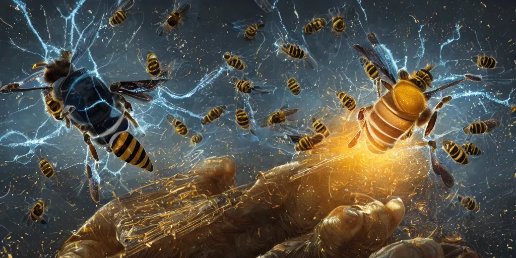 Prompt: God as a bee , realistic 4k octane beautifully detailed render, 4k post-processing, highly detailed, intricate complexity, epic composition, magical atmosphere, cinematic, hyper realistic, lighting, masterpiece, ultra hd