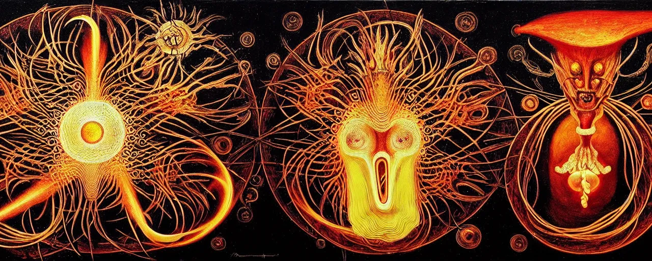 Image similar to a strange fire creature with endearing eyes radiates a unique canto'as above so below'while being ignited by the spirit of haeckel and robert fludd, breakthrough is iminent, glory be to the magic within, in honor of saturn, painted by ronny khalil