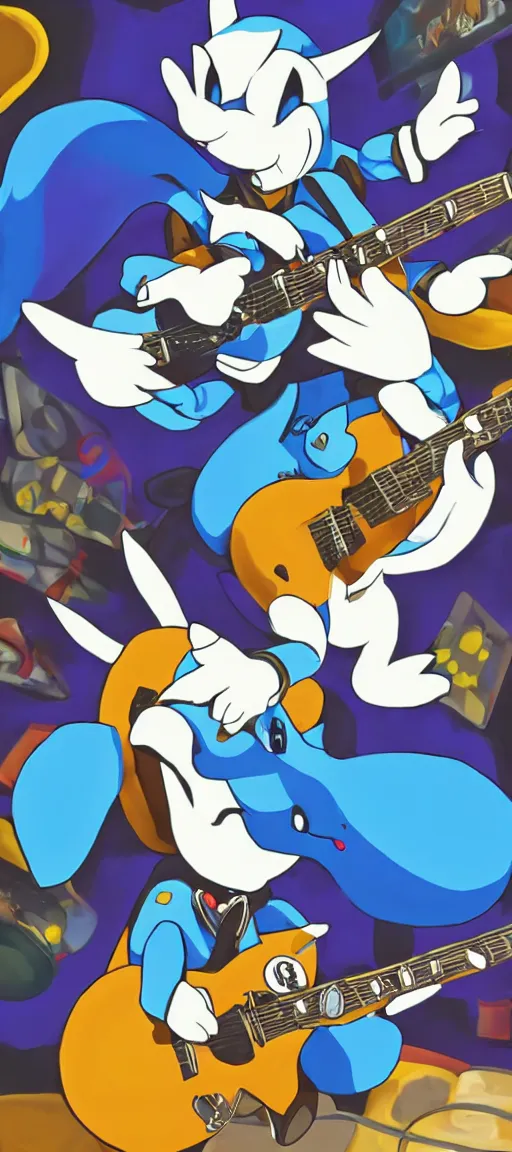 Prompt: K.K Slider playing guitar at a concert with lucario, portrait full body, digital art, high quality, detailed, beautiful colors, mesmerizing