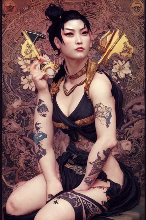 Image similar to portrait of goth Chun Li with yakuza tattoos, Street fighter, highly detailed, digital art from artstation by Ruan Jia and Mandy Jurgens, Alphonse Mucha and Artgerm and william-adolphe bouguereau