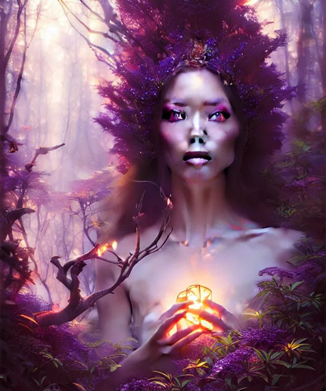 Image similar to ultra detailed photo realistic portrait painting of the beautiful empress of the enchanted glowing purple forest, volumetric lighting, depth of field by karol bak, greg rutkowski, peter mohrbacher and miho hirano.