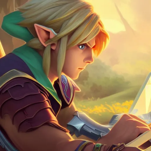 Image similar to link from zelda using computer, sharp focus, illustration, art by artgerm and greg rutkowski and alphonse mucha, 8 k