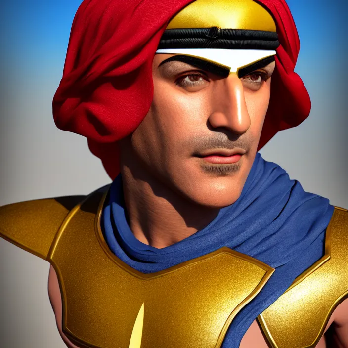 Prompt: portrait, captain falcon as sheik mohammad ruler of dubai, head and torso only, masterpiece, medieval arabia, sharp details, hd, 4 k