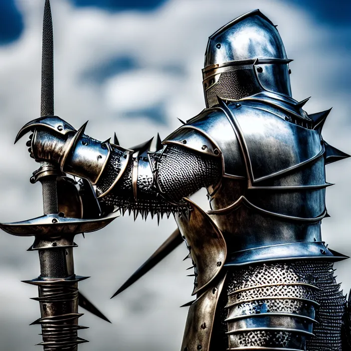 Prompt: photo of a knight with spiked armour and a mace, highly detailed, 4 k, hdr, smooth, sharp focus, high resolution, award - winning photo