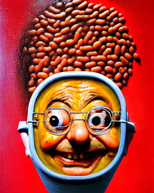 Image similar to portrait of mr bean's face in a bowl full of baked beans, face covered in beans and tomato sauce, baked beans covering his eyes, a pile of baked beans on his head, his mouth wide open and full of baked beans, overflowing with baked beans, muted colors, surrealist oil painting, highly detailed