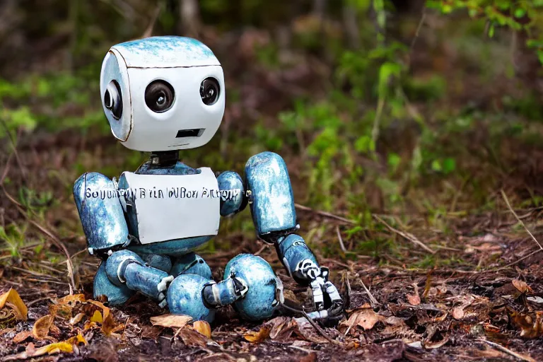 Prompt: a glazed wood - fired ceramic sculpture of a robot at the moment it gains sentience, emotional, sitting on the forest floor, high quality photograph, studio lighting, sigma 8 5 mm f / 8