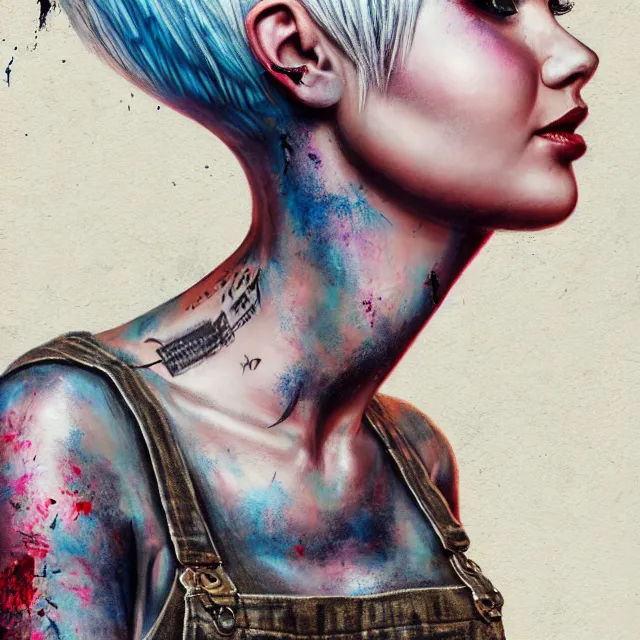Image similar to full body pose, beautiful adult woman, short white hair shaved sides, dirty, grungy, grunge, long sleeve, painted overalls, stacks of giant books, highly detailed, 4 k, hdr, smooth, sharp focus, high resolution, award - winning photo, artgerm, photorealistic