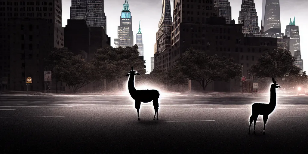 Image similar to a llama walking through a desolate manhattan city street at night, statue of liberty seen in the background, realistic 4 k octane beautifully detailed render, 4 k post - processing, highly detailed, detailed face, intricate complexity, epic composition, magical atmosphere, cinematic lighting, masterpiece, color picture, ultra hd