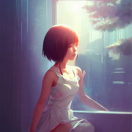 Image similar to very small little girl by ross tran, touching their reflection sana takeda, rtx reflections, very high intricate details, digital anime art by artgerm, medium shot, mid - shot, composition by ilya kuvshinov, lighting by greg rutkowski