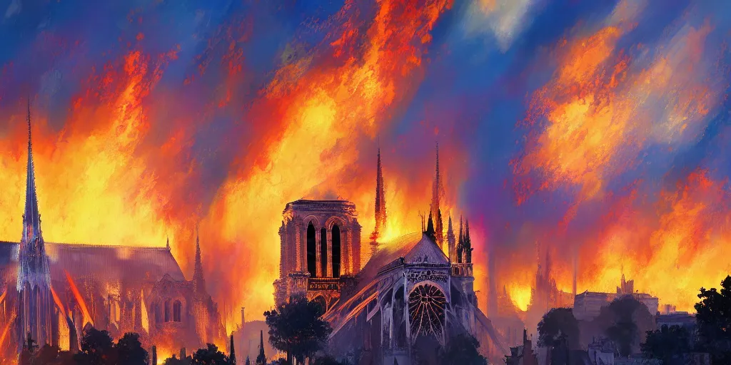 Image similar to fire engulphs the Notre Dame de Paris, abstract art by Makoto Shinkai