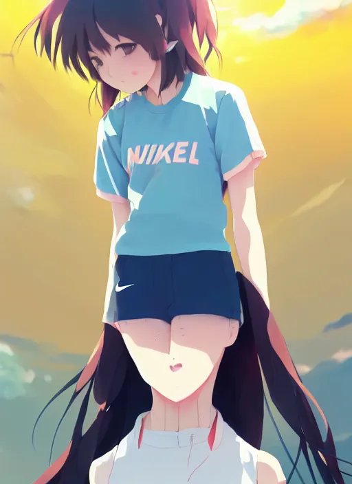 Image similar to portrait of high school runner girl, sunny sky background stadium landscape illustration concept art anime key visual trending pixiv fanbox by wlop and greg rutkowski and makoto shinkai and studio ghibli and kyoto animation symmetrical facial features short down hair sports clothing marathon race sponsors nike shirt