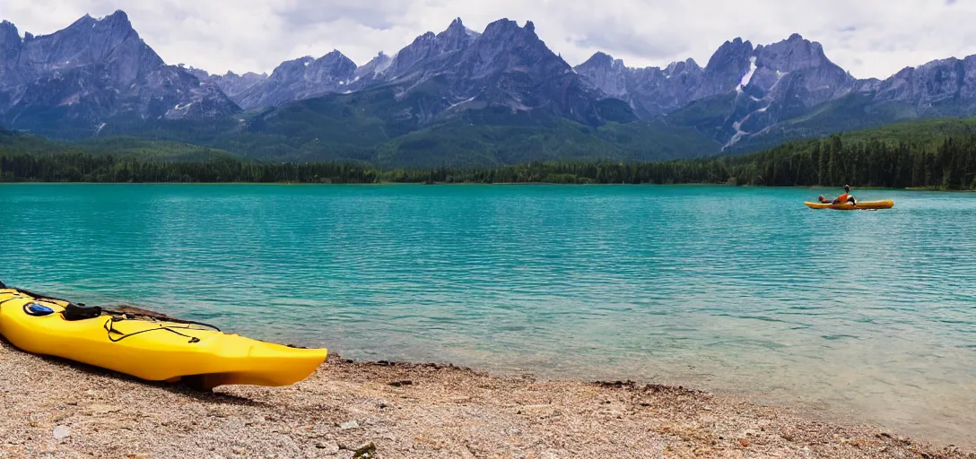 Image similar to a beautiful image of a breathtaking lake with amazing mountains in the background, there is a kayak in the foreground on the beach. landscape image