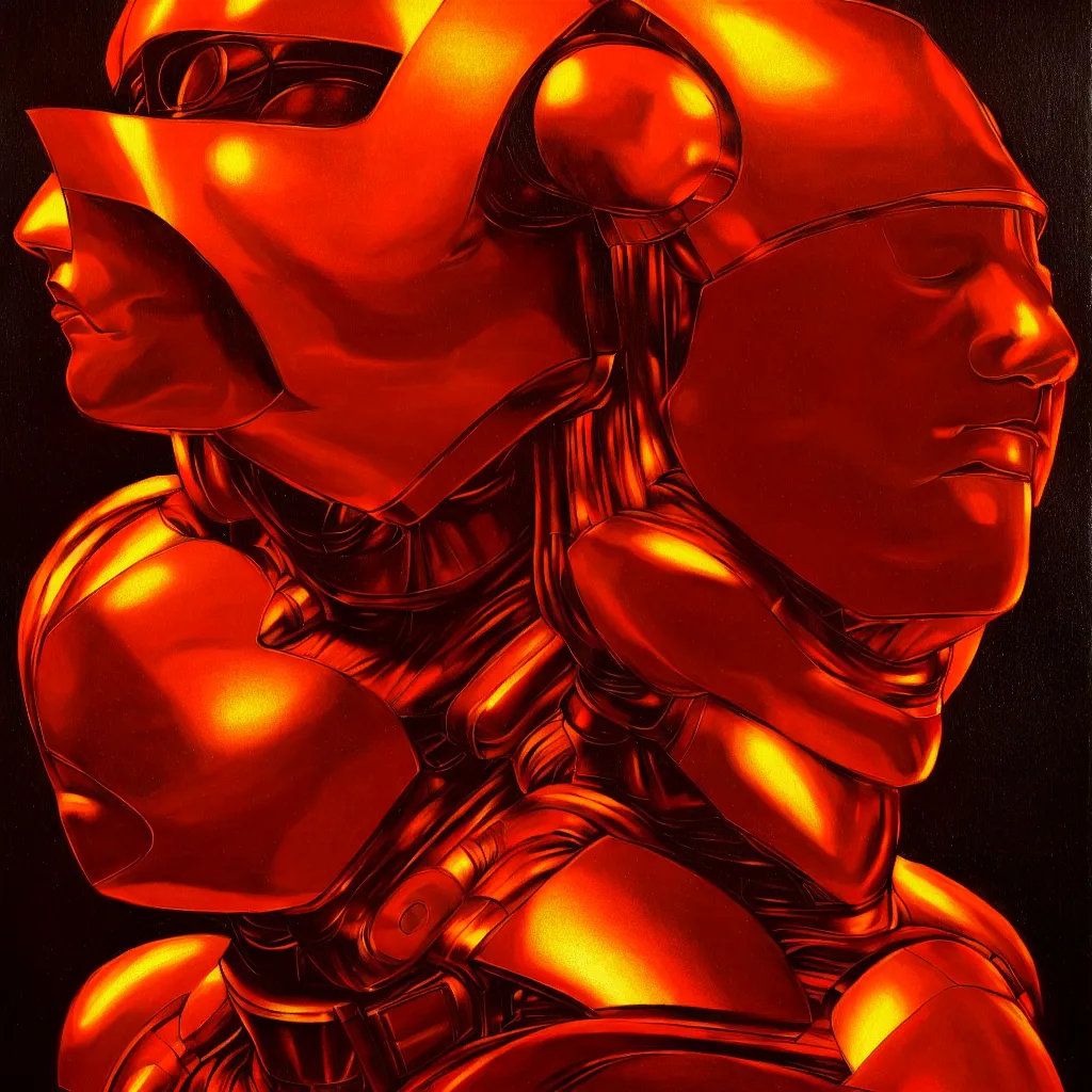 Image similar to cinematic bust portrait of psychedelic god robot from left, head and chest only, robotic improvements, part of Moebius, part of maxfield parrish, part of Thomas Ehretsmann,, oil on canvas, masterpiece, trending on artstation, cinematic composition, dramatic pose, beautiful lighting, sharp, details, hyper-detailed, volumetric lighting 4K