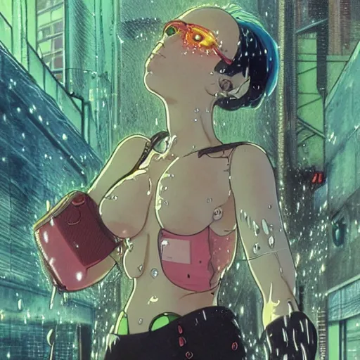 Image similar to anime of a punk cyborg woman, water particles floating in the air, finely detailed facial features, weathered drawing, film grain, bright neon lighting, dark pastel colors, drawn by satoshi kon, katsuhiro otomo