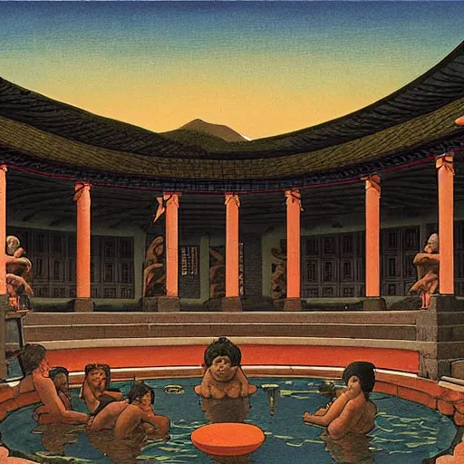 Image similar to a beautiful ancient bathhouse with bathing alien creatures surrounded by greek statues at sunset by hasui kawase