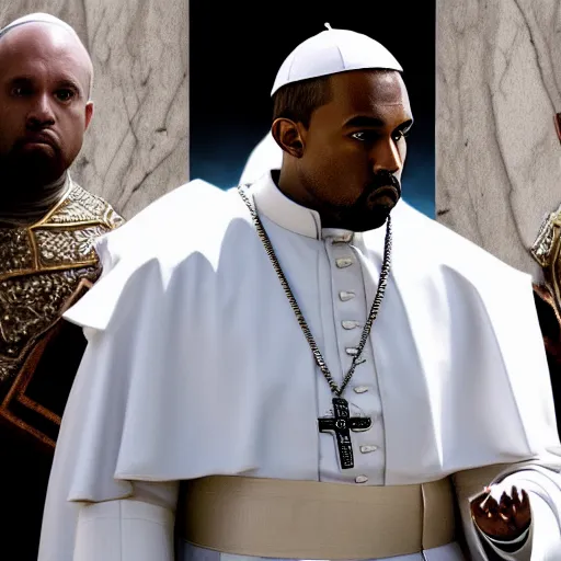 Image similar to saint kanye west as the pope pope in the vatican ( gears of war battlefield 5 ), splash art, movie still, cinematic lighting, dramatic, detailed face, octane render, long lens, shallow depth of field, bokeh, anamorphic lens flare, 8 k, hyper detailed, 3 5 mm film grain