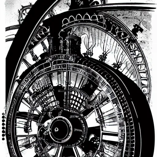 Prompt: a nightmare machine, steampunk, black and white