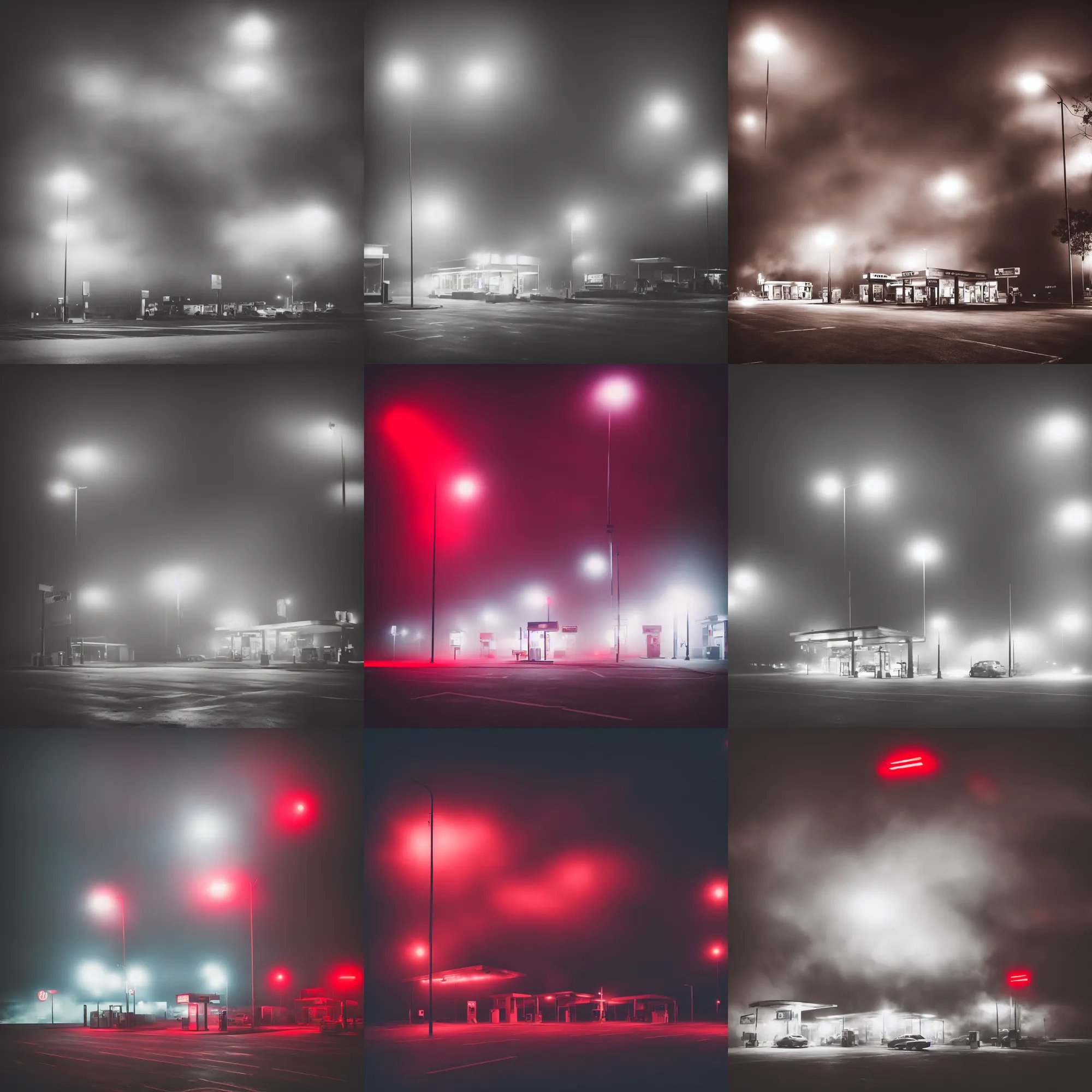 Prompt: “photography of gas station , fog, small red lights, night, mood, atmospheric, full of colour, award winning digital photography”