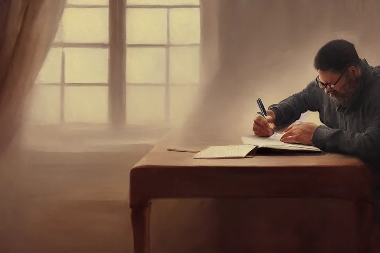 Image similar to a painting of a man writing in a large leather notebook in a foggy room by jama jurabaev, cinematic shot, trending on artstation, high quality, ultra realistic