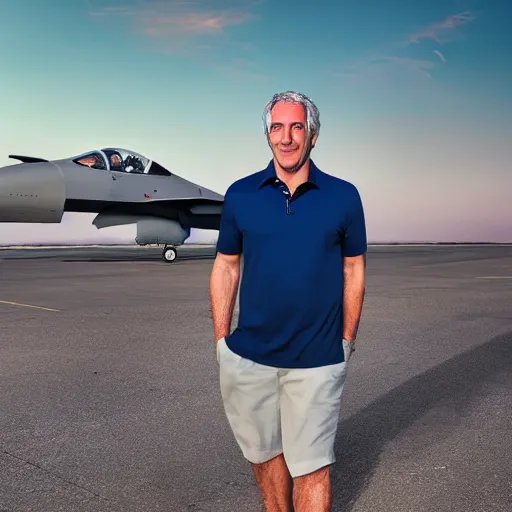 Image similar to happy jeffrey epstein, wearing a dark blue polo shirt, standing near fighter jet on an empty runway at dusk, high detail, volumetric lights, professional high quality studio photo from vogue magazine