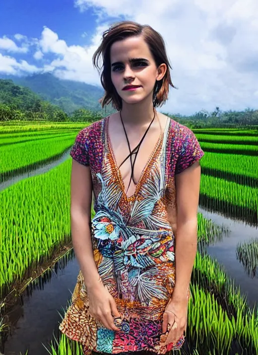 Prompt: emma watson wearing batik bali in bali. temple lake rice field ocean. front view. instagram closeup holiday photo shoot, perfect faces, beautiful