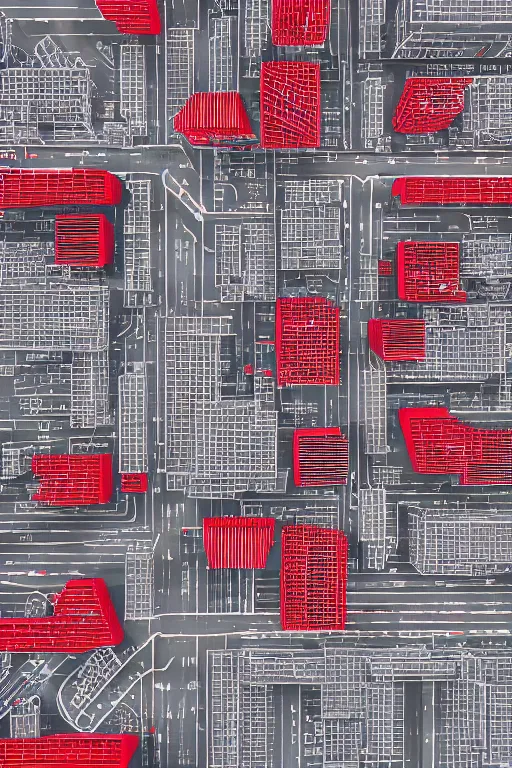 Image similar to drone perspective, aerial view, top down, grid city streets and road, in the style of dr. woo, mostly monochromatic, thin line, hong kong, schematic, blueprint, drawing, black : 3 0 %, red : 2 0 %, grey : 5 0 %, background neutral