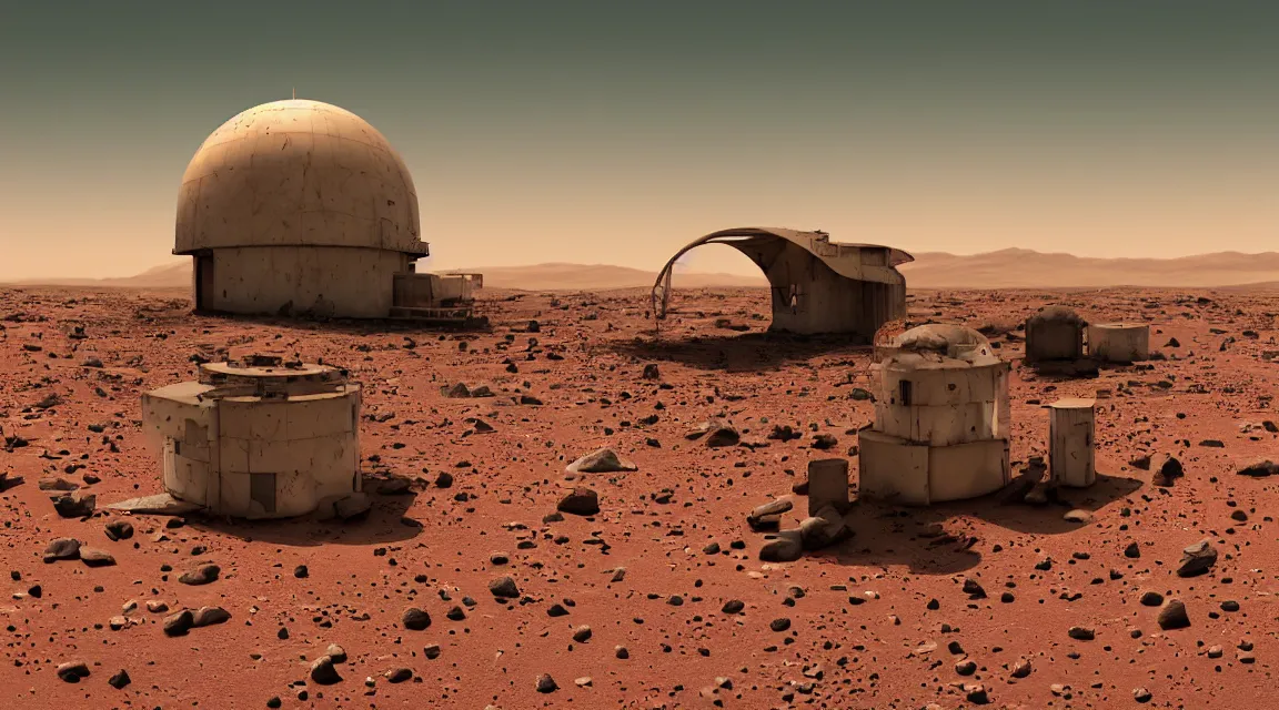 Image similar to stunning large format photograph, beautiful cinematic close detailed perspective of an abandoned domed nasa martian outpost, on mars, scattered debris, reddish brown color scheme, smooth clear blue sky, in the style of jeff wall, hazy sunlight, crisp details, visual effects and composite by ILM, 10k with post-processing