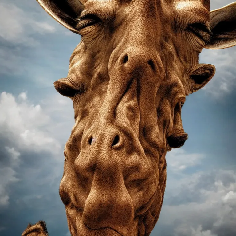 Image similar to extreme close - up portrait octane render by wayne barlow and carlo crivelli and glenn fabry, a giant tall giraffe wearing a silver helmet, inside an african savannah, very short depth of field, bokeh