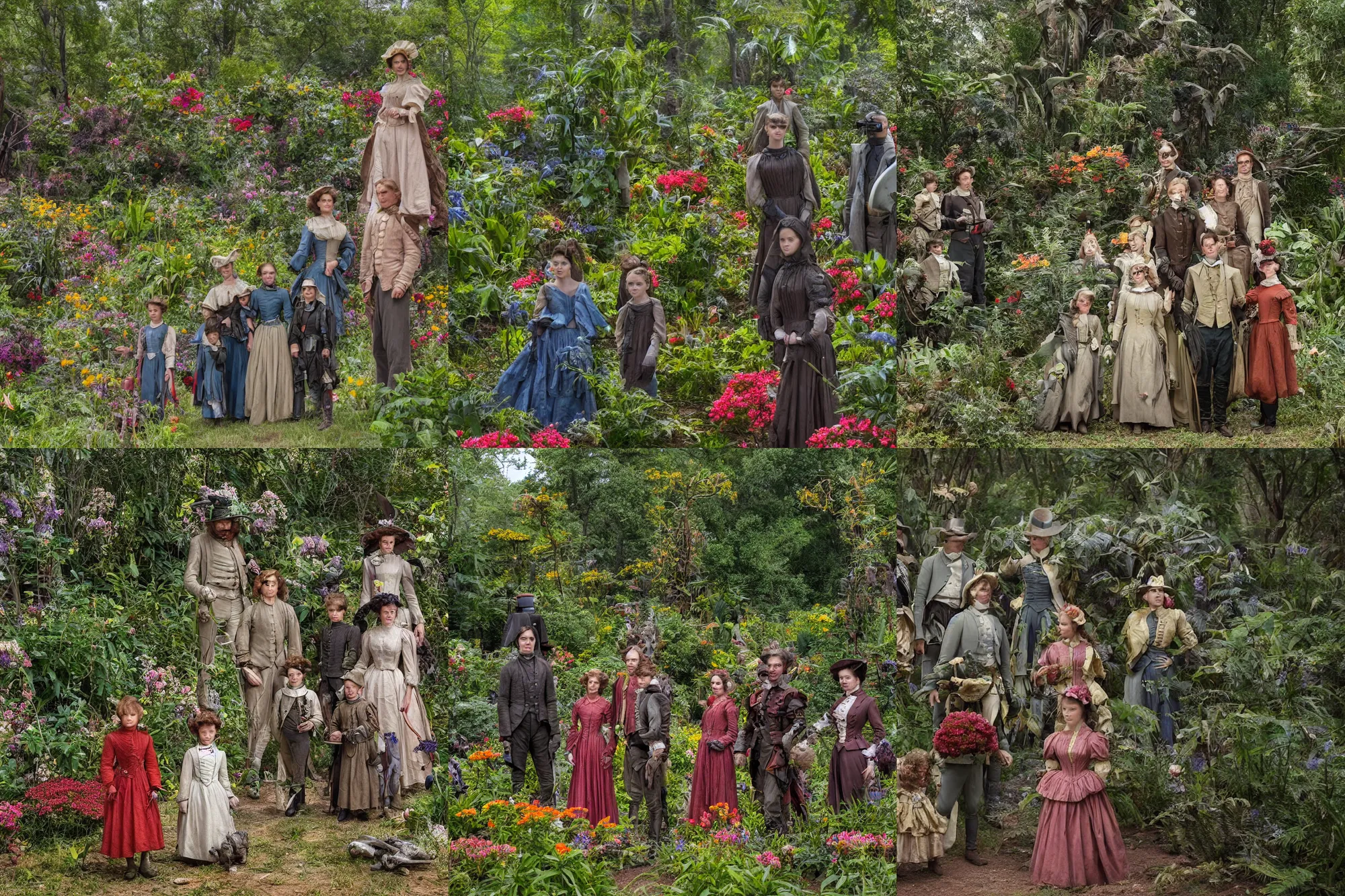 Prompt: sharp, highly detailed, 35840k film, 175000mm film still from a sci fi blockbuster color movie made in 2019, set in 1860, of a family standing in a park, next to some strange alien plants and flowers, on an alien planet, the family are all wearing 1860s era clothes, good lighting, ultra high definition, ultra enhanced faces, in focus, 35mm macro lens