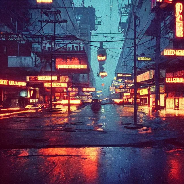 Prompt: kodachrome photograph, saturated photo, 1 9 6 7 dystopian cyberpunk city during a melancholy rainy night